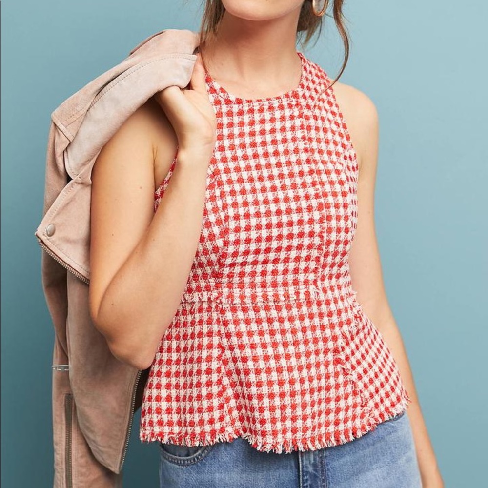 Maeve Red White Tweed Peplum Top Anthropologie size 8